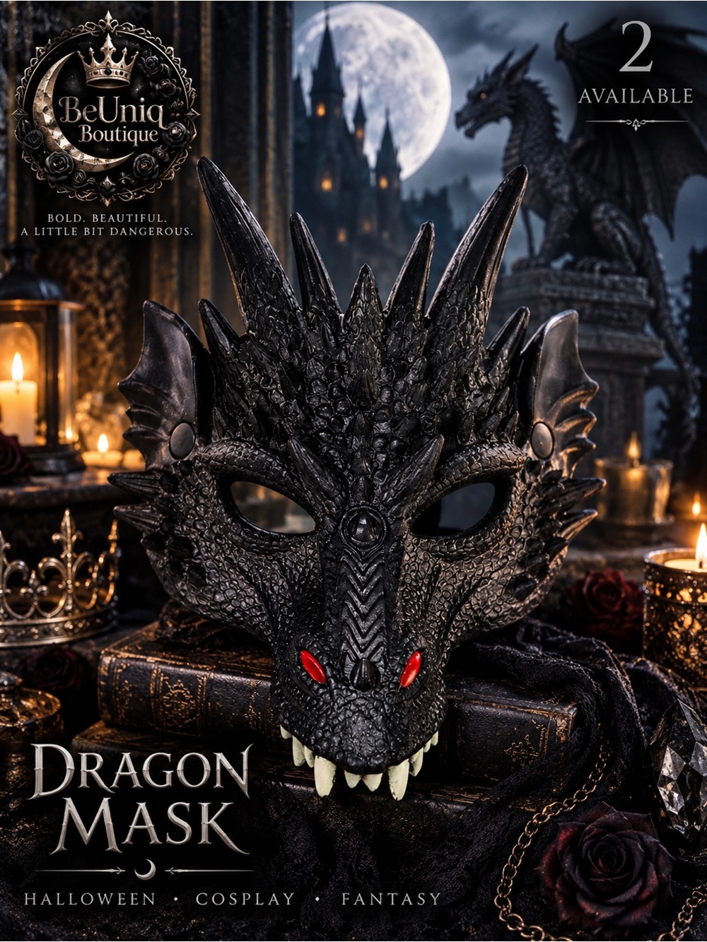 Black Dragon Mask Adult Halloween Costume Fantasy Medieval Cosplay NWT